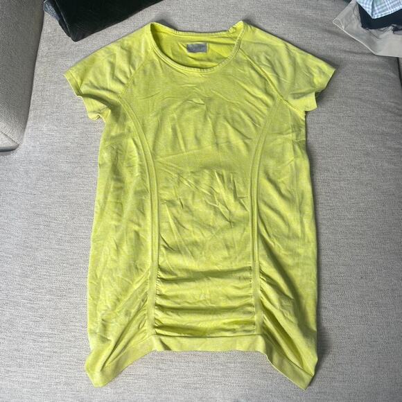 ATHLETA Large Neon‎ Yellow Scrunch Athletic Stretchy Short Sleeve Crewneck Top - Picture 1 of 4
